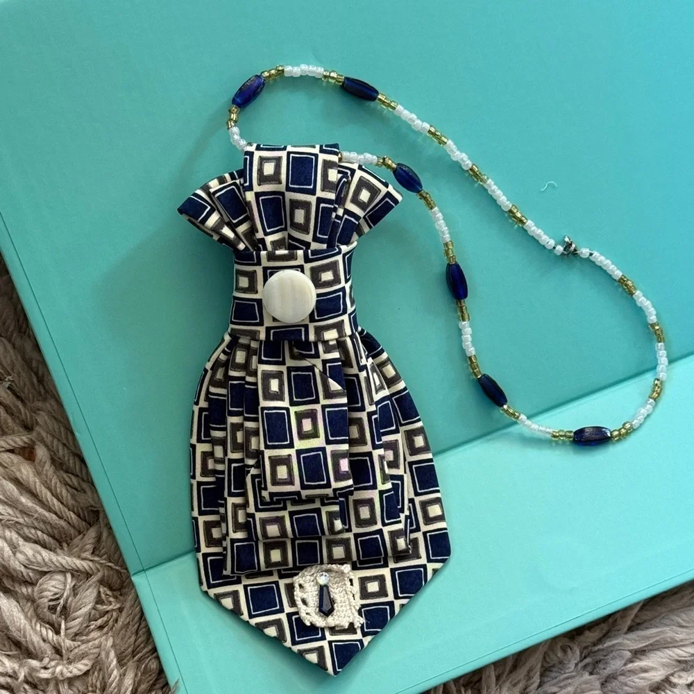 Handmade Repurposed Geometric Tie Statement Necklace - Picture 6 of 7
